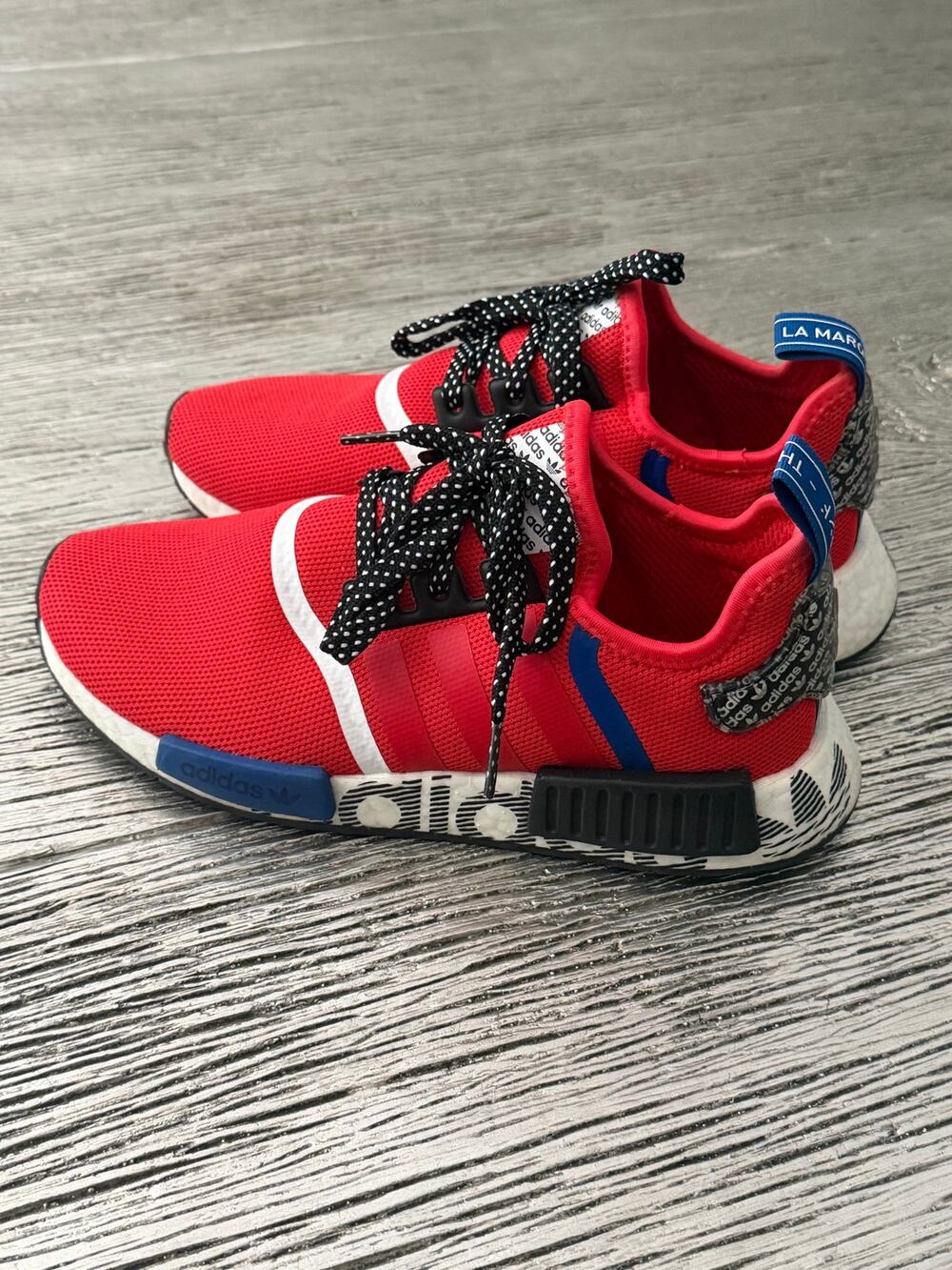 Adidas NMD_R1 OG Core Black Blue Red Boost Sneakers big kids size 6 1/2.